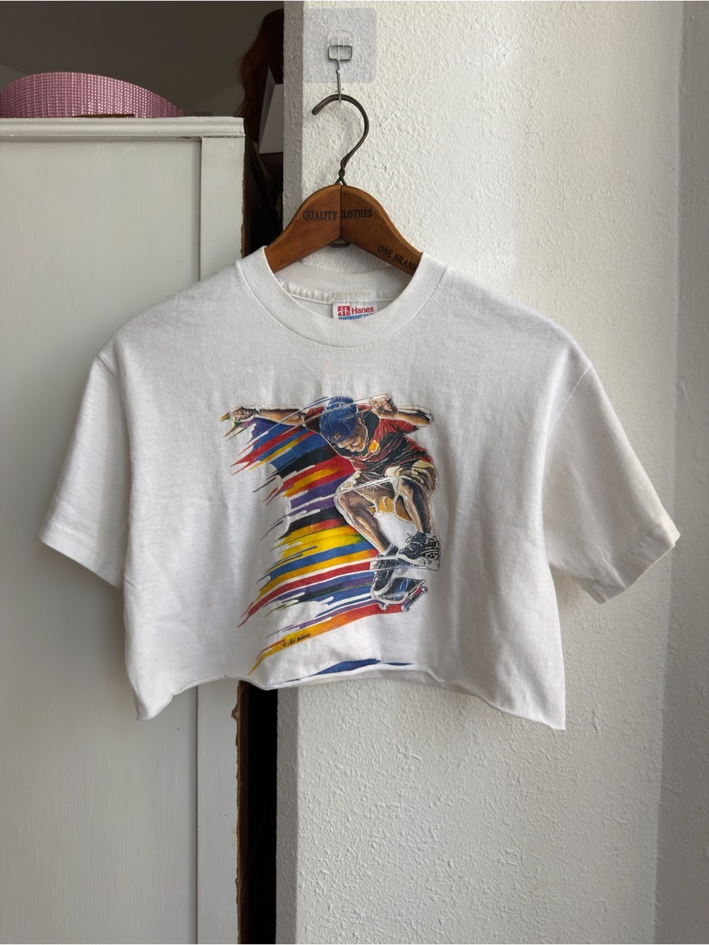 Hanes White Cropped Tee with Colorful Skateboard Graphic